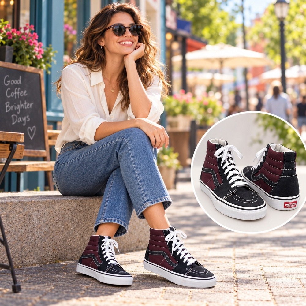 Vans Sk8-Hi High Top Burgundy Navy Black Suede Canvas Sneakers Womens 10.5